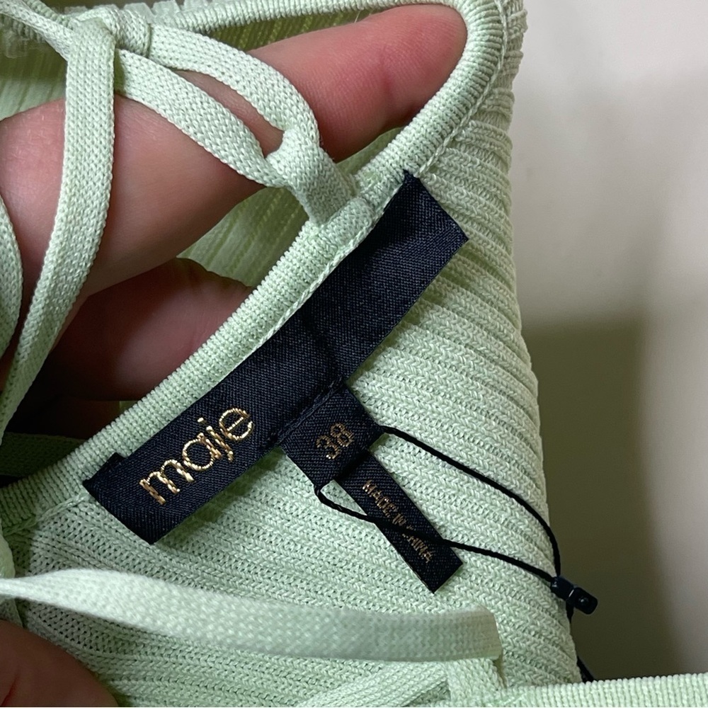 MAJE Ruched lace-up ribbed stretch-knitted Aline Short Sleeve midi dress sz 38 M - Picture 7 of 13